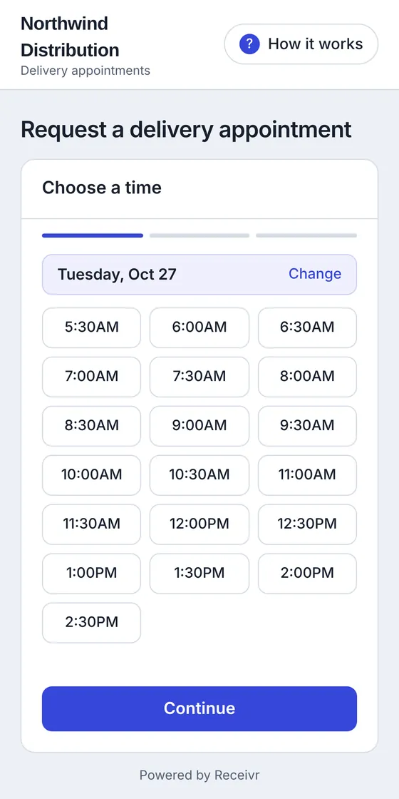 Phone screen showing the Choose a time step with open delivery times for Tuesday, October 27.